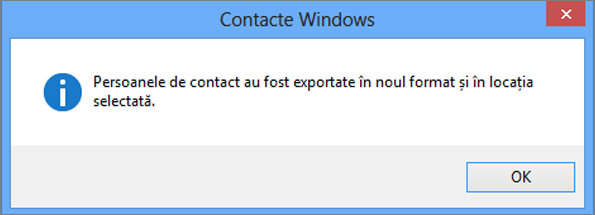 Veți vedea un mesaj de final cu privire la exportul persoanelor de contact într-un fișier CSV.
