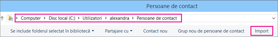 Navigați la folderul Persoane de contact, apoi alegeți Import.