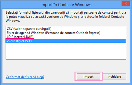 Alegeți vCard, apoi Import.