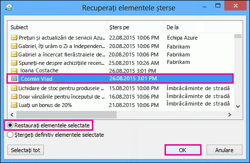 Selectați o persoană de contact de restaurat și faceți clic pe OK