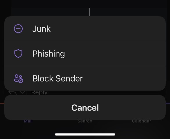 Submeniul Corespondență nedorită pentru Outlook Mobile