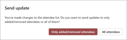 Puteți alege să trimiteți actualizarea întâlnirii doar la participanții adăugați sau eliminați sau la toți participanții