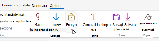 Noua bară de instrumente de corespondență are un buton de criptare, unde puteți alege opțiunile de criptare.