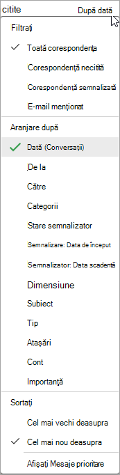 Captură de ecran a listei verticale de sortare a mesajelor