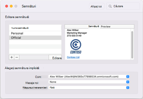 Fereastra Semnături implicite Outlook pentru Mac