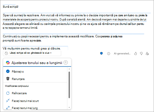 Afișează pagina de corespondență Outlook nouă cu o schiță creată de Outlook. Sub schiță sunt opțiuni pentru a păstra, a renunța sau a modifica schița.