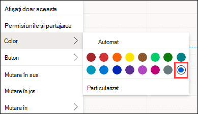 Selecția culorilor din Calendar web Outlook cu particularizat