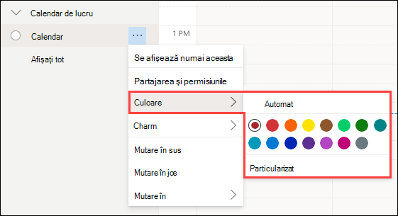 Selecția de culori din Calendar web Outlook