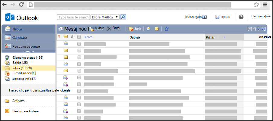 O captură de ecran a inboxului din Outlook Web App Light