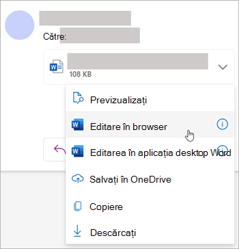 Captură de ecran afișând lista verticală de atașări, cu opțiunea Editare în browser selectată