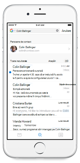 Afișează un ecran de telefon mobil, cu bara de căutare în partea de sus și un nume tastat în aceasta. Rezultatele căutării se află sub bara de căutare.