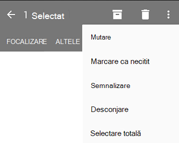 Lista verticală afișează aceste opțiuni: Mutare, Marcare ca necitit, Semnalizare, Anulare semnalizare, Selectare totală.