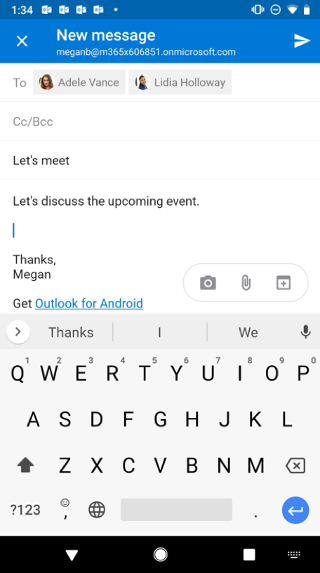Afișează un ecran Android cu o schiță de e-mail. Trei butoane se află sub mesaj: Cameră, Atașare și Calendar.