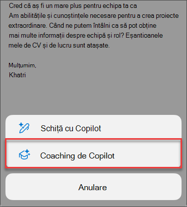 Opțiune de meniu pentru Instruire de la Copilot în Outlook pentru mobil