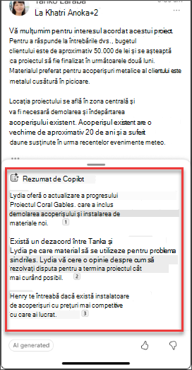 Un rezumat al e-mailului de la Copilot în iOS și Android