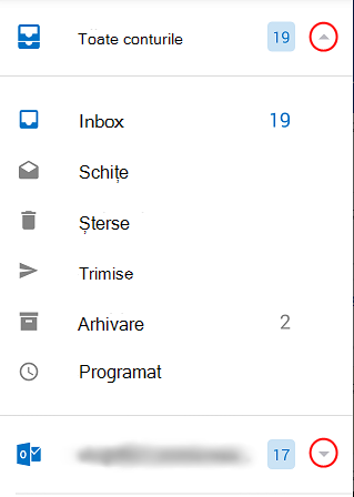 Afișează foldere Outlook cu săgeți verticale încercuite în partea dreaptă a ecranului.