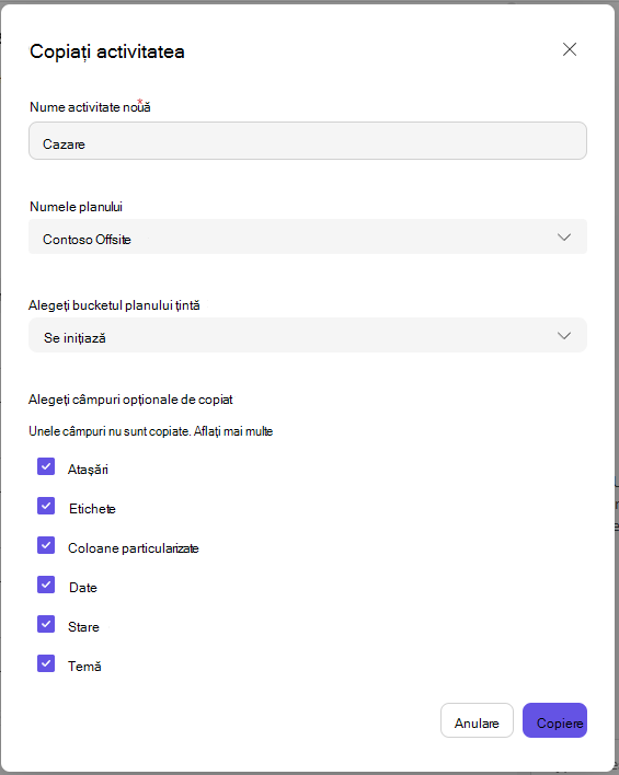 Caseta de dialog Copiere activitate cu câmpurile de destinație și opționale.