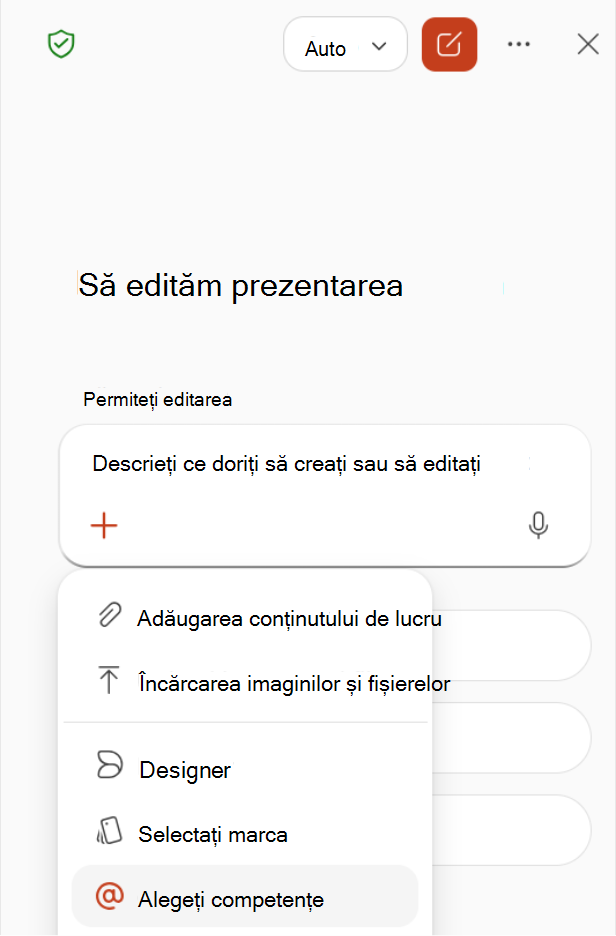 Captură de ecran care afișează selectarea Alegeți competențe din meniul plus din panoul Copilot.
