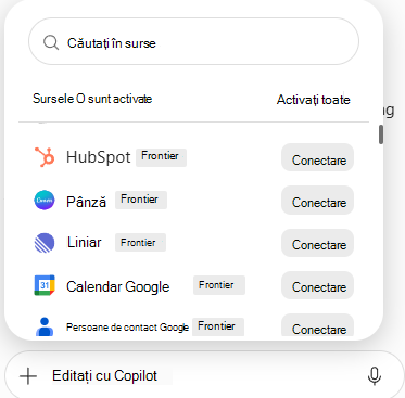 Captură de ecran care afișează lista de conectori cu surse de date disponibile și butoanele Conectare din PowerPoint.