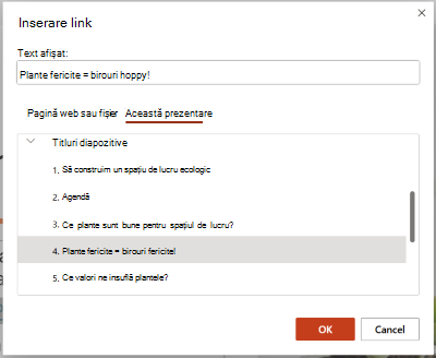 Caseta de dialog Inserare hyperlink