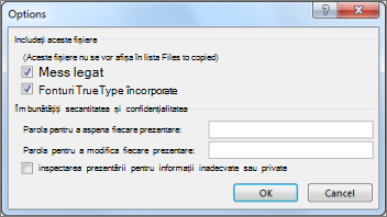 Caseta de dialog Opțiuni în Pachet pentru CD