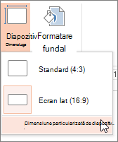 Opțiune din meniul Dimensiune particularizată diapozitiv