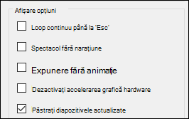 Grupul de opțiuni Afișare din Configurare expunere diapozitive cu opțiunea Păstrați diapozitivele actualizate activată.