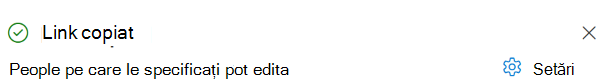 Captură de ecran a linkului care se copiază și a setărilor linkului.