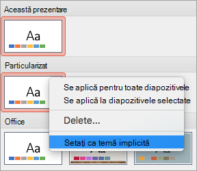 Afișează opțiunea Setare ca temă implicită pentru o temă particularizată