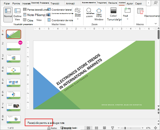 Captură de ecran afișând un pachet de diapozitive PowerPoint în vizualizarea normală, împreună cu secțiunea de note.