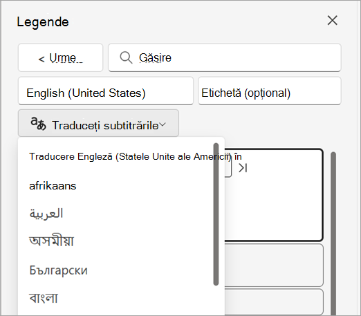 Lista verticală Traduceți subtitrările din panoul Subtitrări.