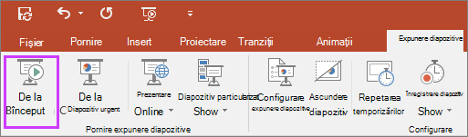 Afișează butonul De la început pe fila Expunere diapozitive din PowerPoint