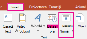 afișează butonul Număr diapozitiv în panglica din powerpoint