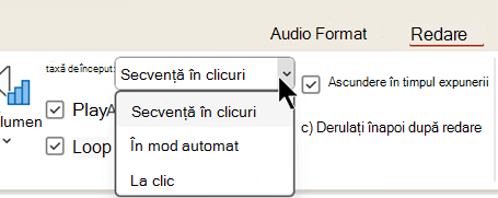Captură de ecran afișând fila Redare pentru fișiere audio, care are trei opțiuni pentru momentul în care începe redarea audio.
