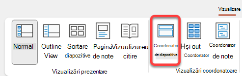 Butonul Coordonator de diapozitive pe fila Vizualizare din PowerPoint.