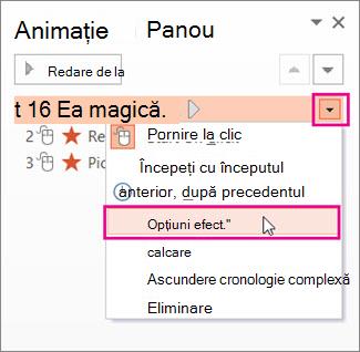 Captură de ecran afișând Opțiuni efect