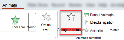 Butonul Adăugare animație de pe fila Animații.