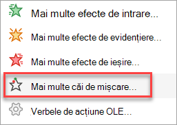 Unde găsiți mai multe căi de mișcare decât cele din meniul Adăugare animație.