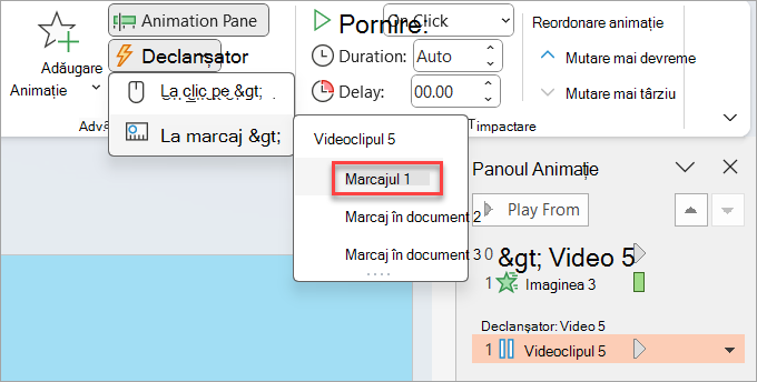 Unde se setează un declanșator pentru o animație; în acest caz, atunci când se ajunge la un marcaj în document pe un videoclip.