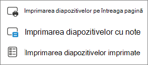 Meniul Opțiuni imprimare.