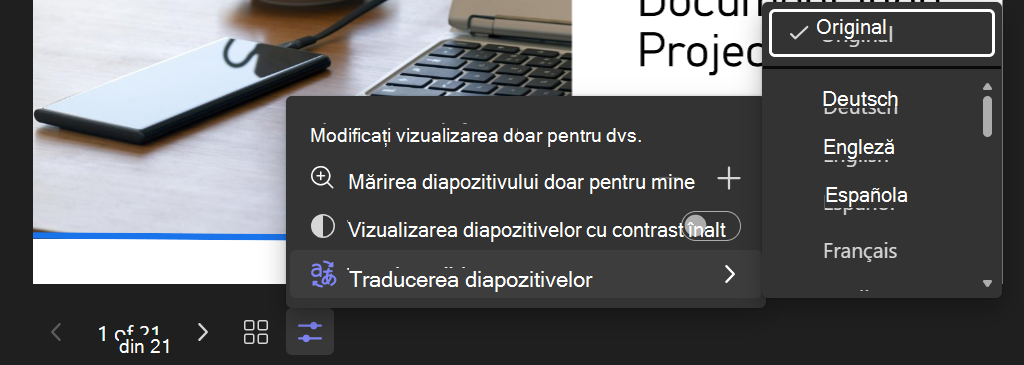 Captură de ecran a opțiunii Schimbați vizualizarea în PowerPoint Live, cu opțiunea Traducere diapozitive selectată și cu o listă de limbi afișată.