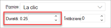 Câmpul Durată atunci când aplicați o animație în PowerPoint pe web.