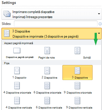 Aspect pentru diapozitive de imprimare