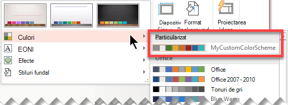 După ce definiți o schemă de culori particularizată, aceasta apare în meniul vertical Culori