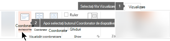 Utilizați fila Vizualizare din PowerPoint pentru a comuta la vizualizarea Coordonator de diapozitive