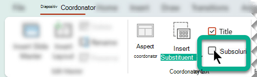 Pe fila Coordonator de diapozitive, în grupul Aspect coordonator, selectați caseta Subsoluri.