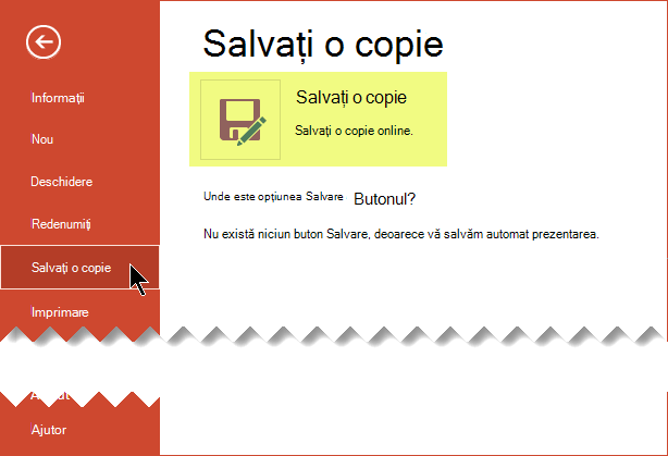 Comanda Salvați o copie salvează fișierul online în OneDrive pentru business sau SharePoint
