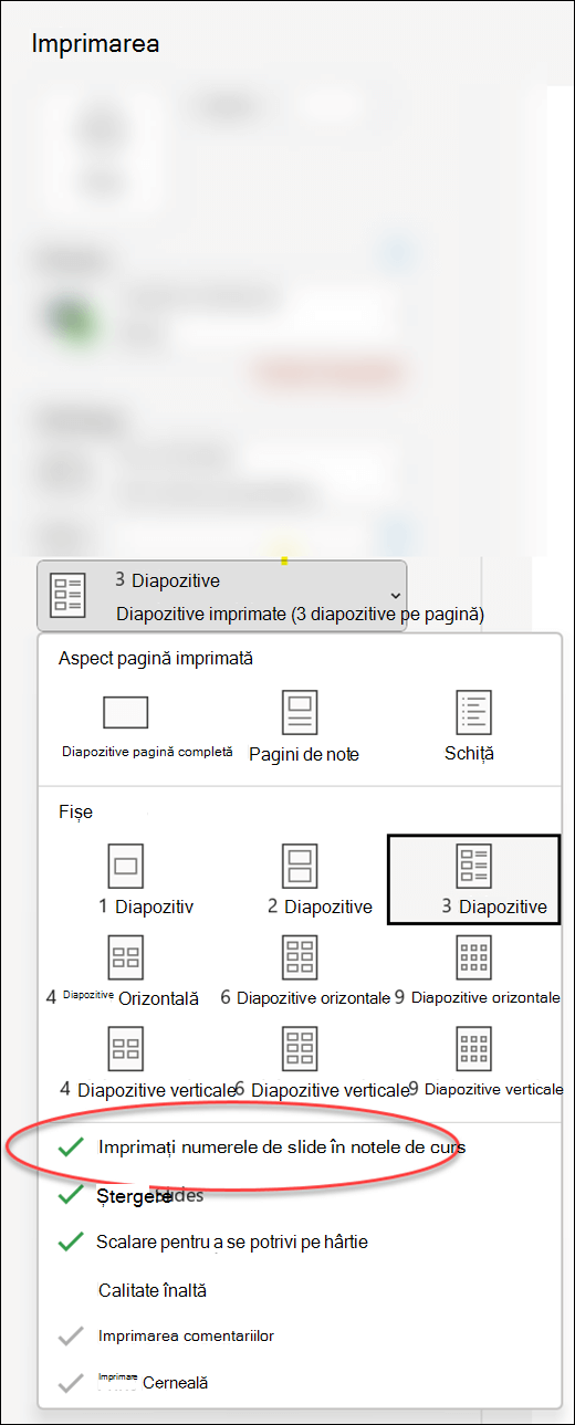 Caseta de dialog Imprimare din PowerPoint afișând opțiunea de a imprima numere de diapozitiv în diapozitive imprimate.