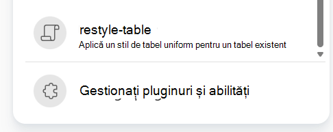 Captură de ecran care arată alegerea unei competențe înregistrate din meniul solicitare Copilot plus.