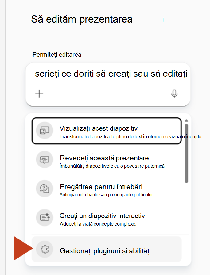 Captură de ecran care afișează selectarea Gestionați pluginuri și abilități din meniul plus din panoul Copilot.